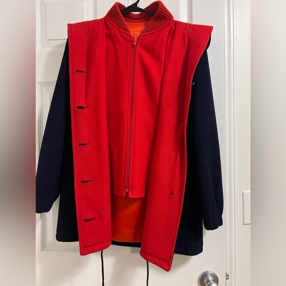 Vintage Mackintosh Vestcoat Size 8 Navy/Red 100% Wool Hood Drawstring Hem - Picture 3 of 15